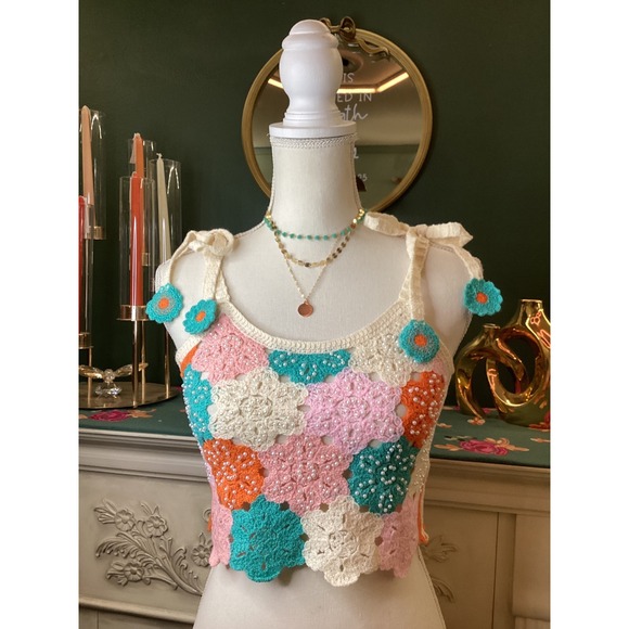 POL Tops - POL One Size Crochet Flower Applique Crop Tank Top Beaded Ivory Pink Orange Teal